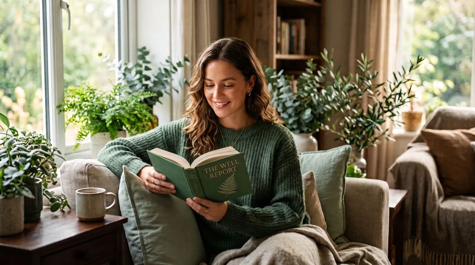 Woman reading on a cozy couch surrounded by plants