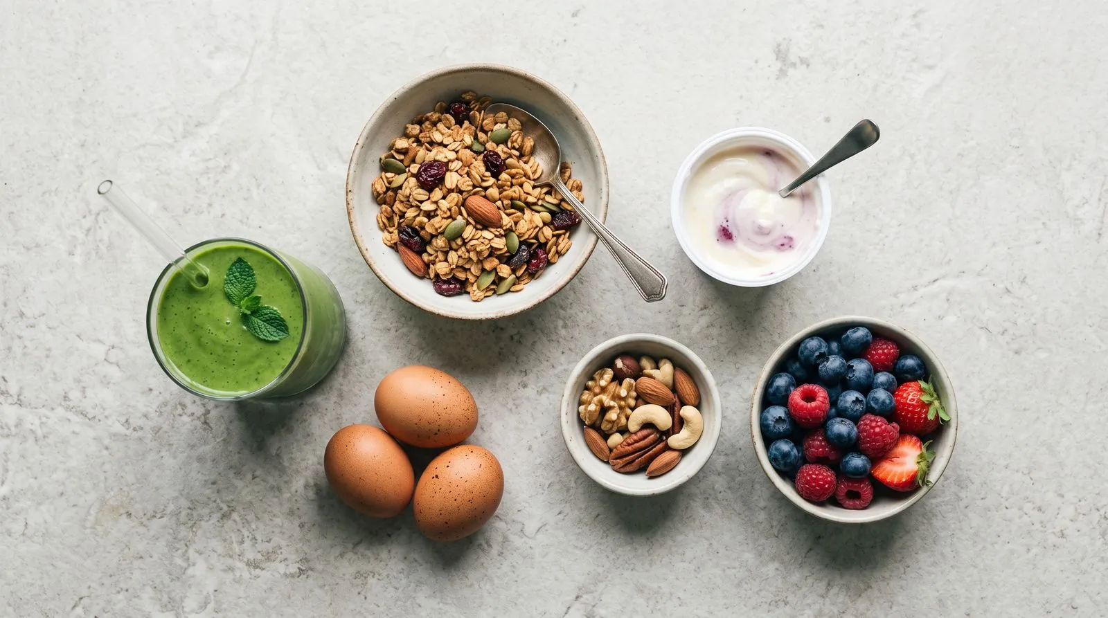 Flat lay of granola, yogurt, green smoothie, eggs, nuts and berries