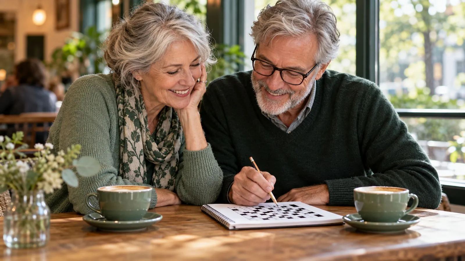 Couple in their 60s solving a crossword puzzle together at a cafe