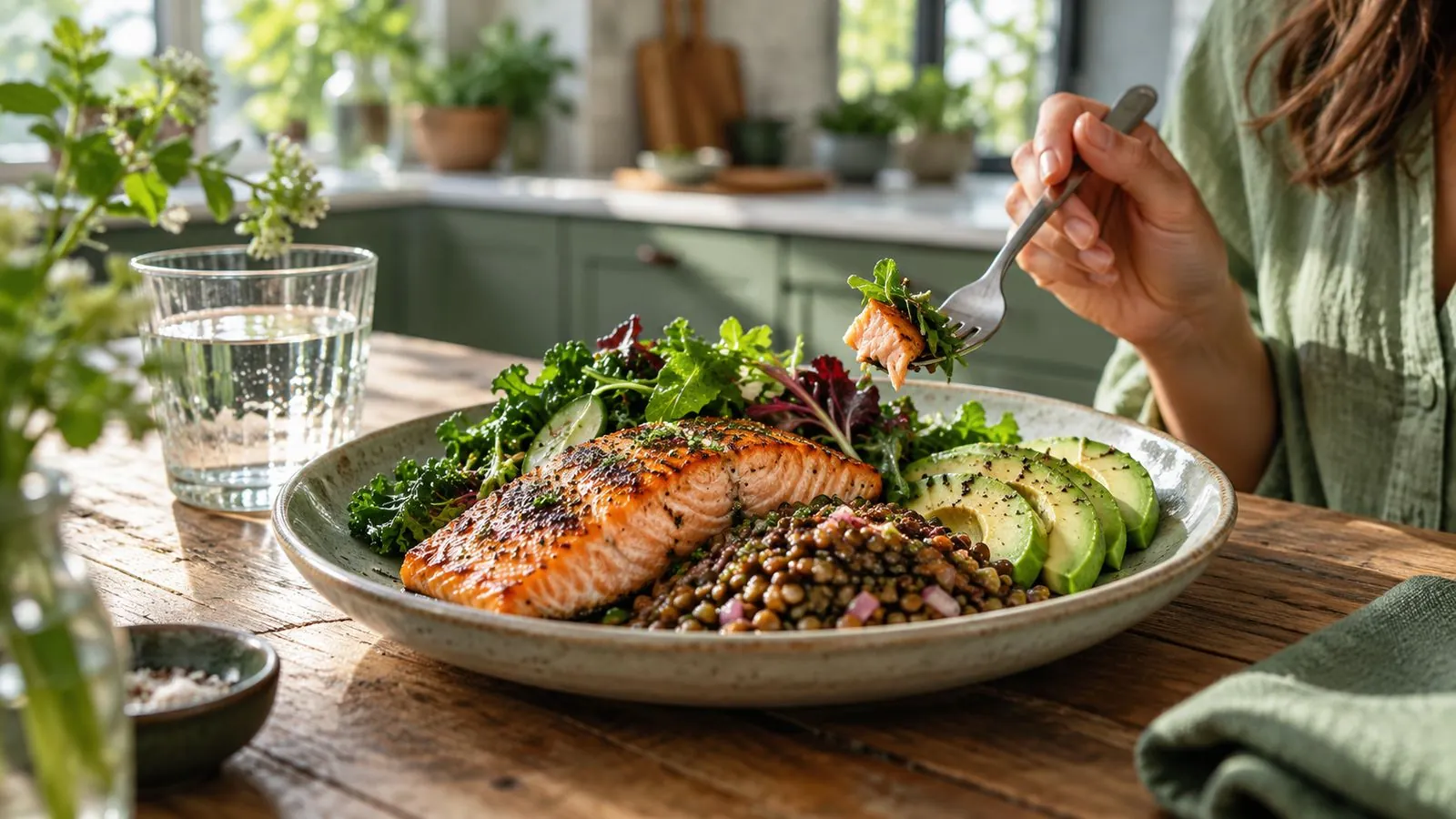 Balanced plate with grilled salmon, leafy greens, lentils and avocado