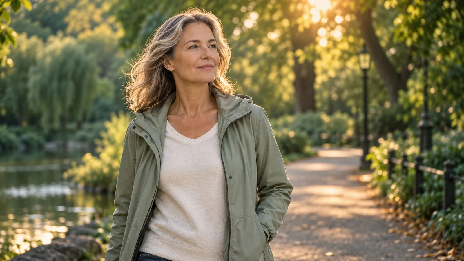 Woman in her 50s on a calm evening walk through a tree lined park