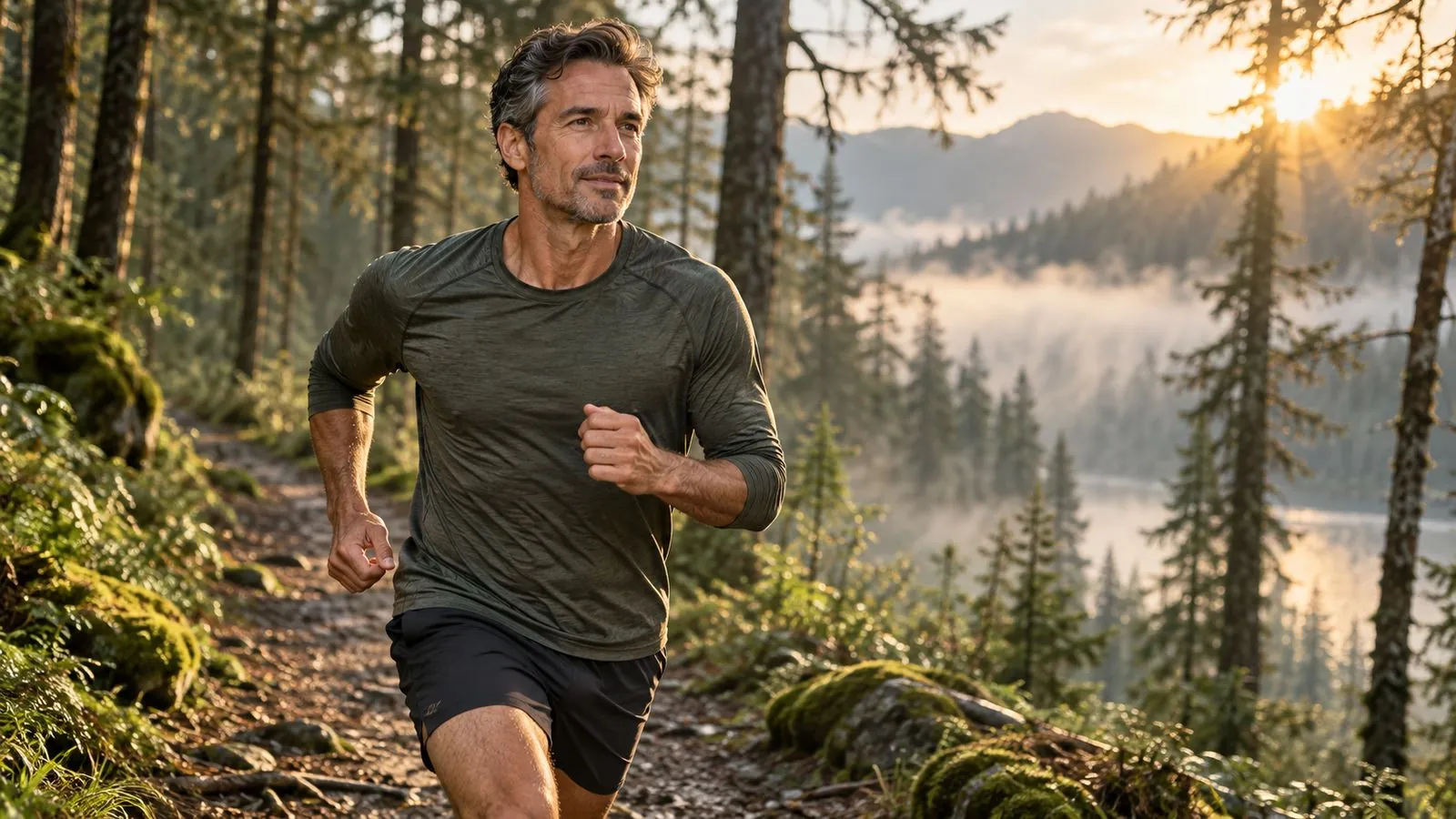Man in his late 40s jogging on a forest trail at sunrise
